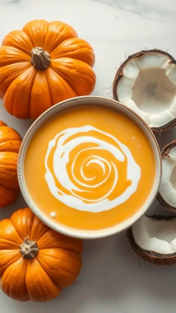 A bowl of pumpkin and coconut milk soup with a swirl of cream, surrounded by fresh pumpkins and coconut shells.