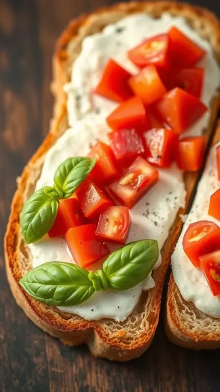 Toasted bread topped with Boursin cheese, diced tomatoes, and fresh basil leaves.