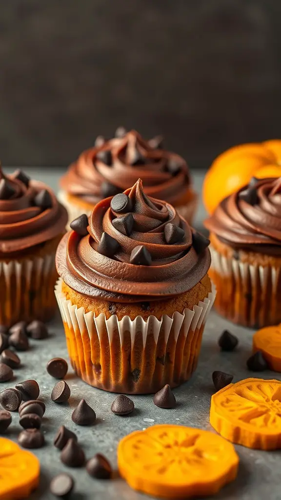 Pumpkin chocolate chip cupcakes with chocolate frosting and chocolate chips on top, surrounded by chocolate chips and pumpkin slices.