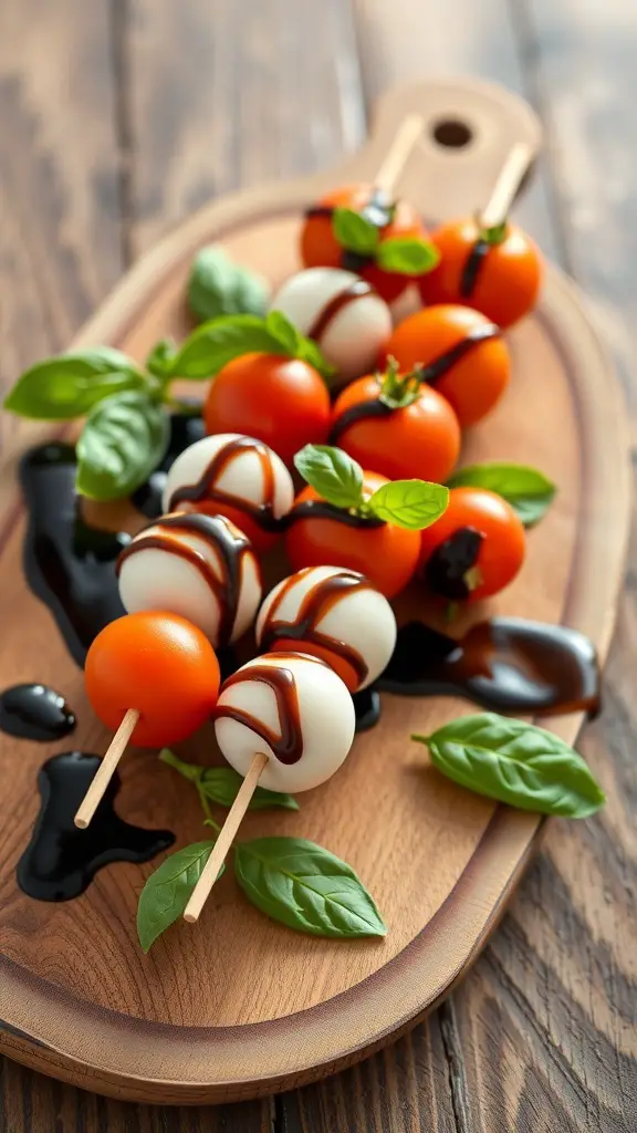 Mini Caprese skewers with cherry tomatoes, mozzarella balls, and basil on a wooden board with balsamic glaze