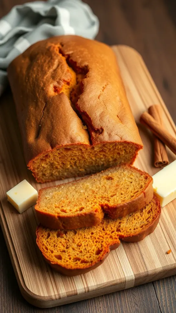 A freshly baked loaf of sweet potato bread on a wooden cutting board, with slices cut and butter on the side.