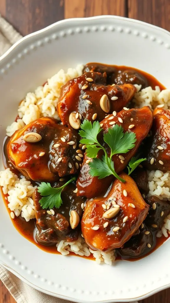 Plate of chicken with mole poblano sauce served over rice, garnished with sesame seeds and cilantro.