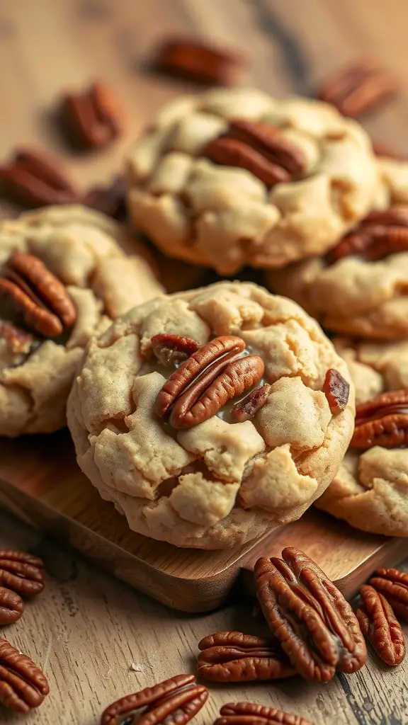 A close-up of pecan pie cookies topped with whole pecans, surrounded by scattered pecans on a wooden surface.