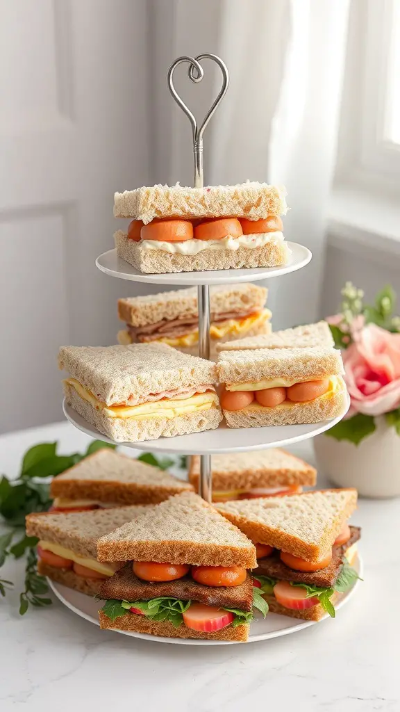 A tiered platter of assorted sandwiches for a bridal shower.