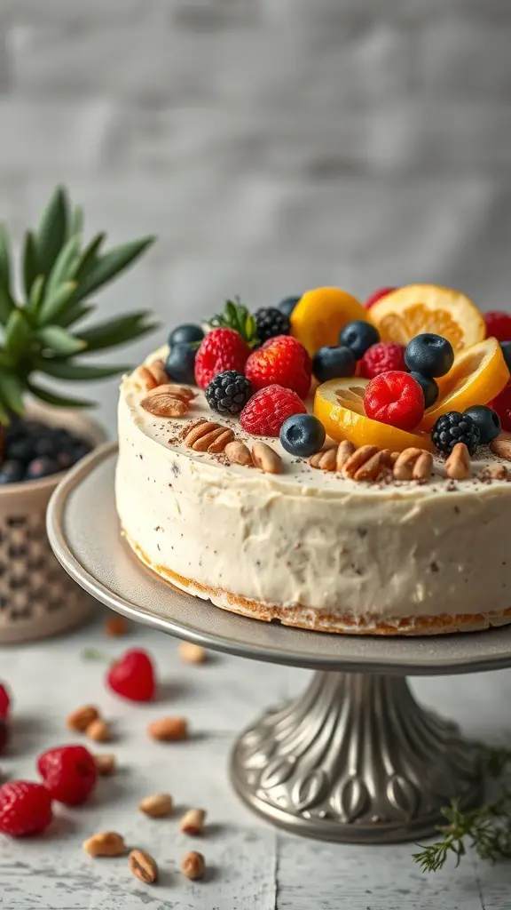 A beautifully decorated cheesecake topped with fresh fruits and nuts on a silver cake stand.