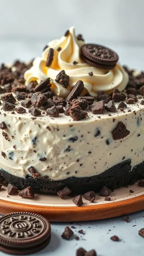 A delicious Cookies and Cream No Bake Cheesecake topped with whipped cream and chocolate cookie pieces.