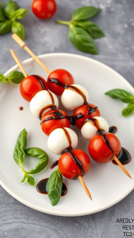 Caprese skewers with cherry tomatoes, mozzarella balls, and basil drizzled with balsamic glaze on a plate.