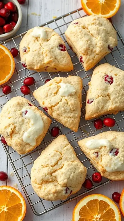 Freshly baked cranberry orange scones on a cooling rack with orange slices and cranberries.