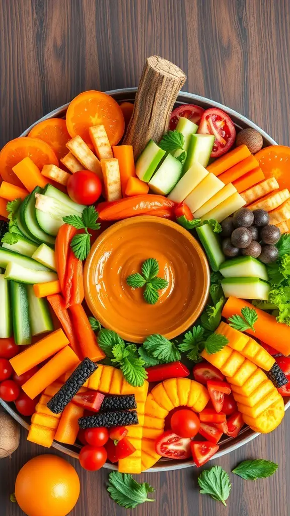 A colorful pumpkin veggie platter with various vegetables and fruits arranged around a bowl of dip.