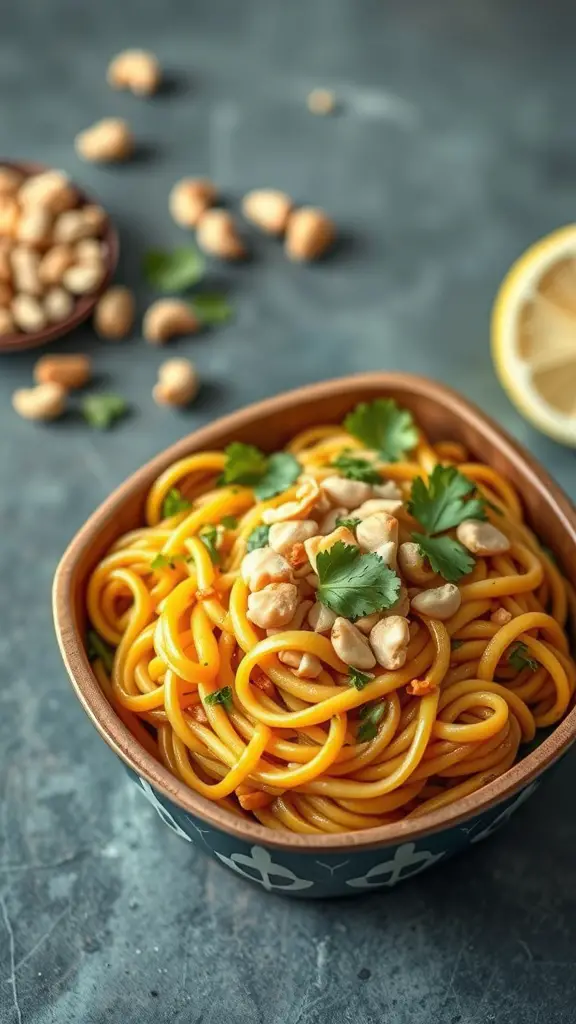 A bowl of Thai Peanut Noodle Salad with peanuts and cilantro, lemon slices on the side.