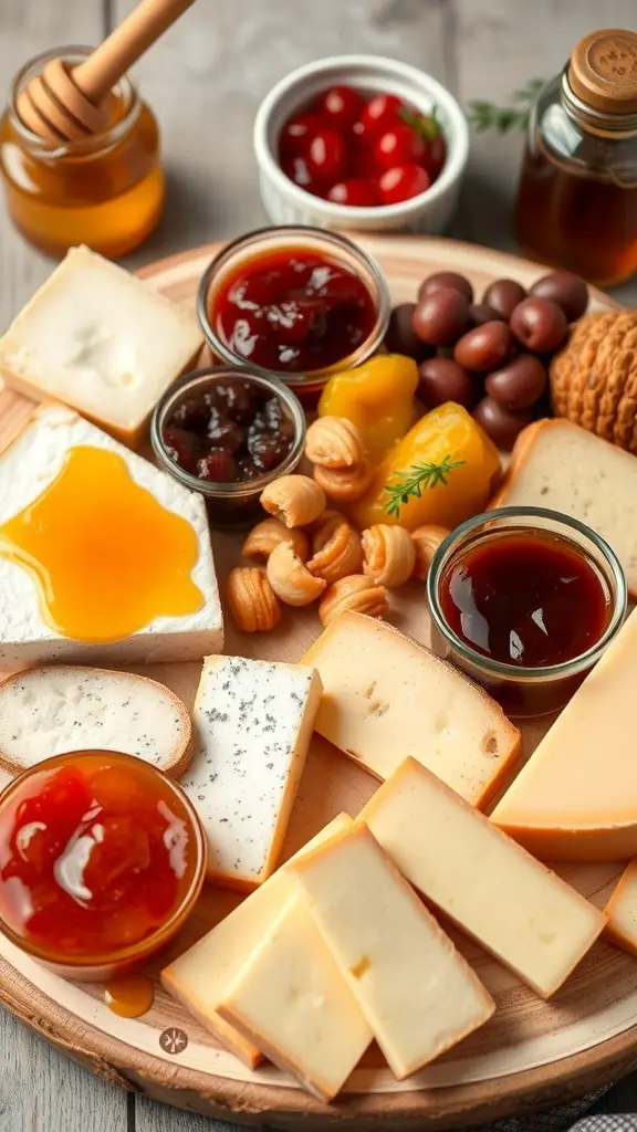 A dessert charcuterie board featuring cheeses, jams, honey, and nuts.