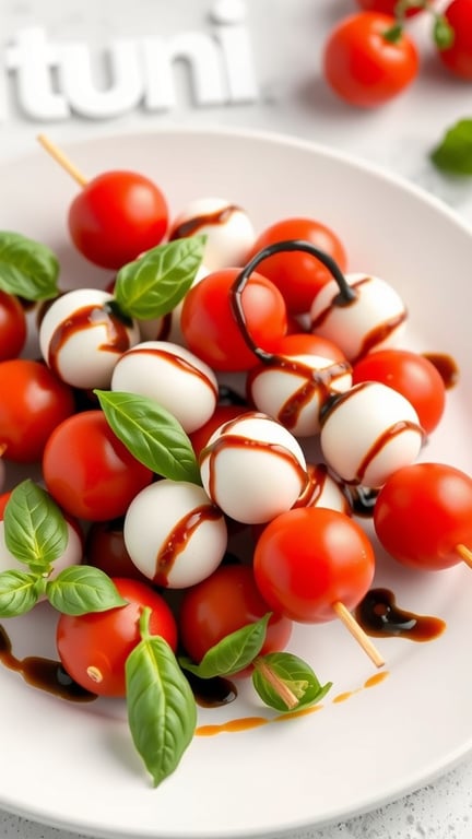 A plate of Caprese skewers with cherry tomatoes, mozzarella balls, and basil leaves drizzled with balsamic glaze.