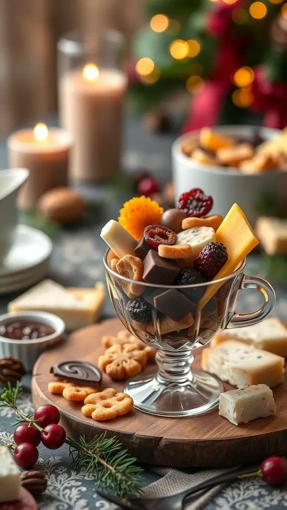 A charcuterie cup filled with cheese, chocolate, cookies, and berries, set against a festive background.