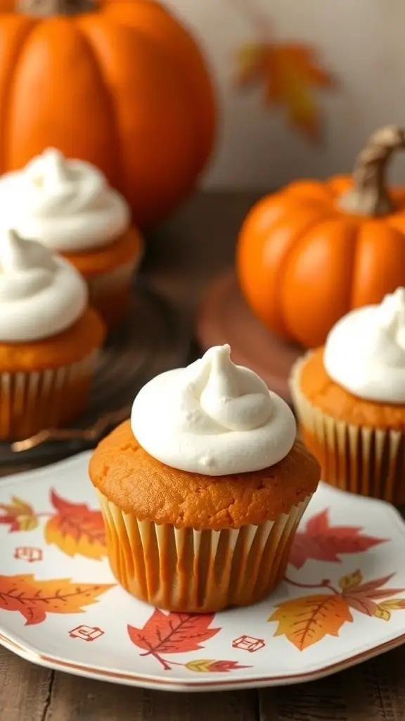 Sweet potato cupcakes with marshmallow frosting on a decorative plate, surrounded by pumpkins.