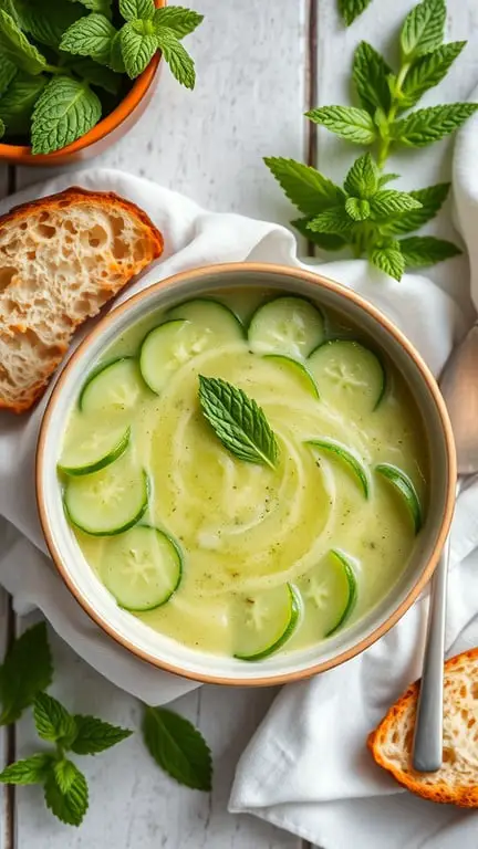 A bowl of cucumber and mint gazpacho garnished with cucumber slices and mint leaves, accompanied by slices of bread.
