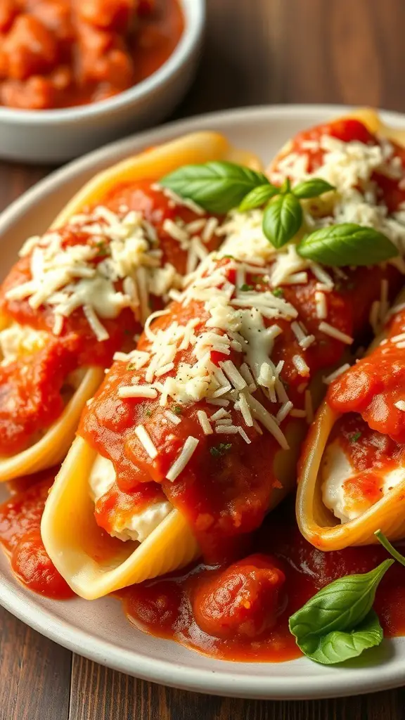 Plate of stuffed pasta shells topped with marinara sauce and cheese, garnished with basil leaves.