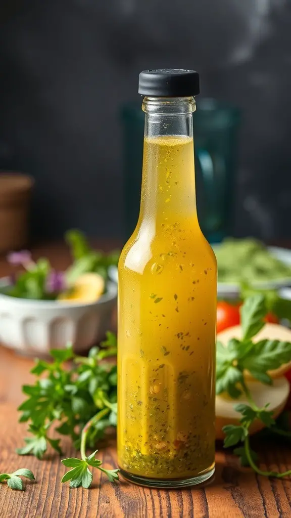 A bottle of tarragon vinaigrette on a wooden table with fresh herbs and salad ingredients in the background.