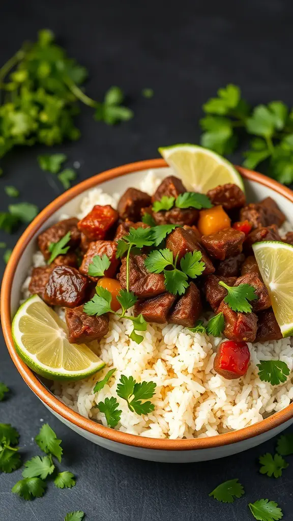 A bowl of beef barbacoa served over cilantro lime rice, garnished with lime wedges and fresh cilantro.