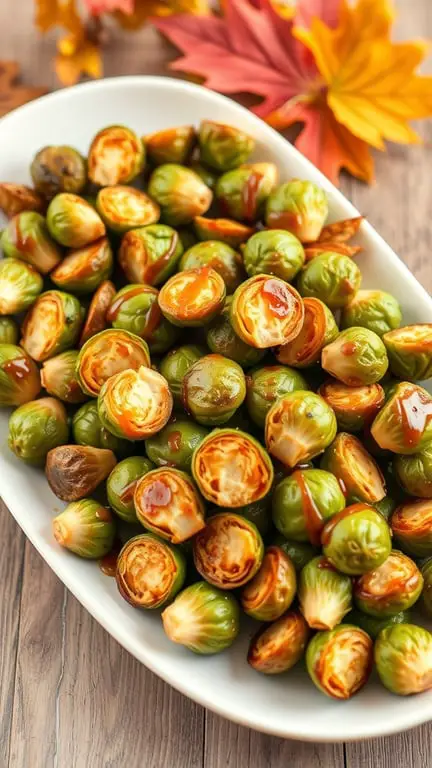 A platter of maple-glazed Brussels sprouts with autumn leaves in the background.