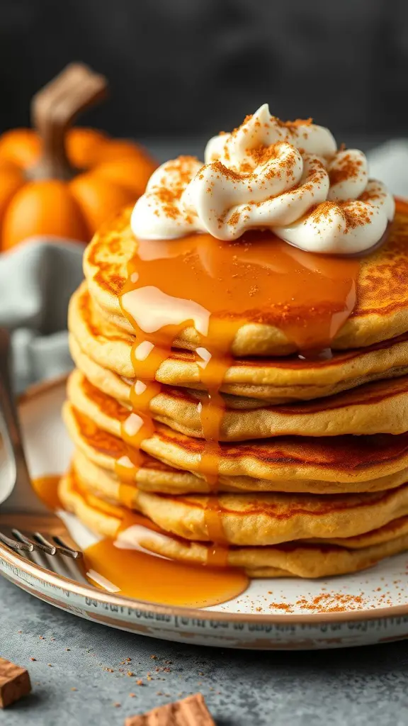 A stack of pumpkin spice pancakes topped with whipped cream and maple syrup, with a pumpkin in the background.