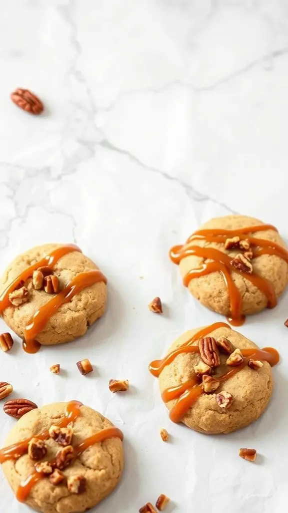Four caramel pecan no bake cookies on a marble surface, drizzled with caramel and topped with chopped pecans.