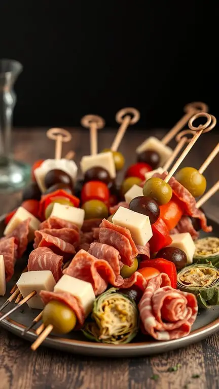 A platter of antipasto skewers with meats, cheeses, and vegetables.