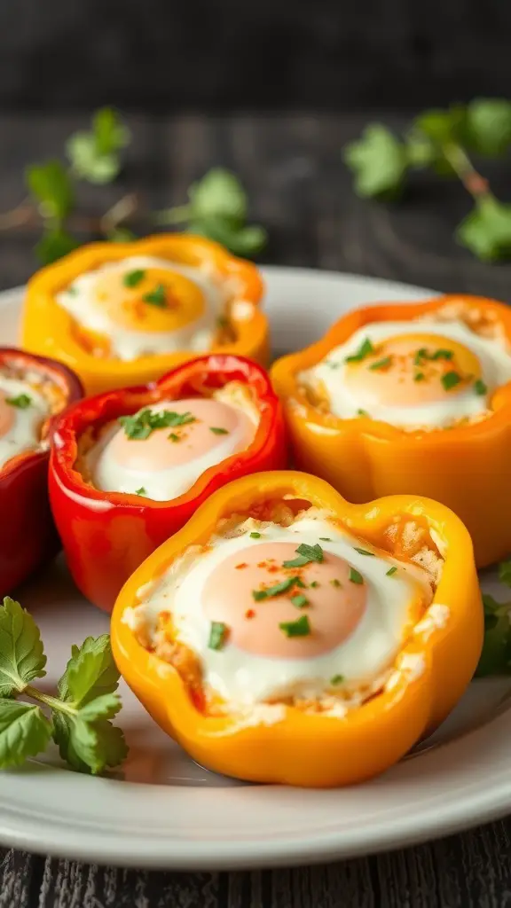 Colorful stuffed bell peppers filled with eggs, garnished with herbs.