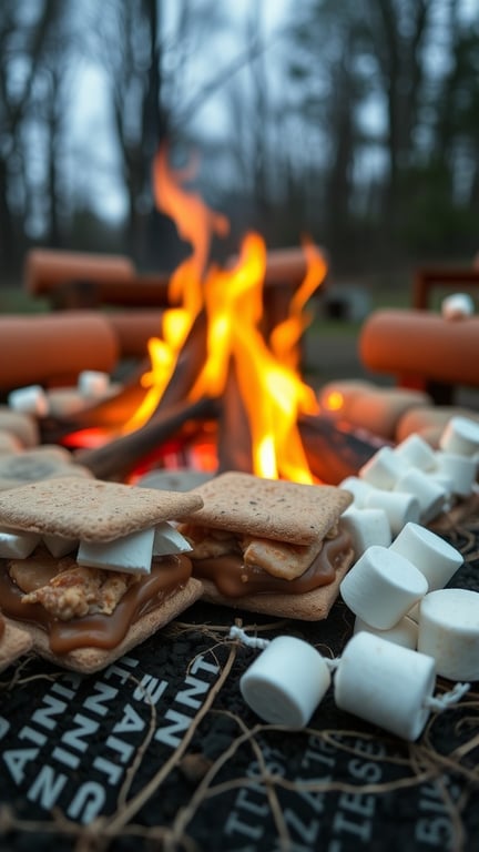 A close-up of s'mores with caramel and marshmallows, surrounded by a campfire setting.