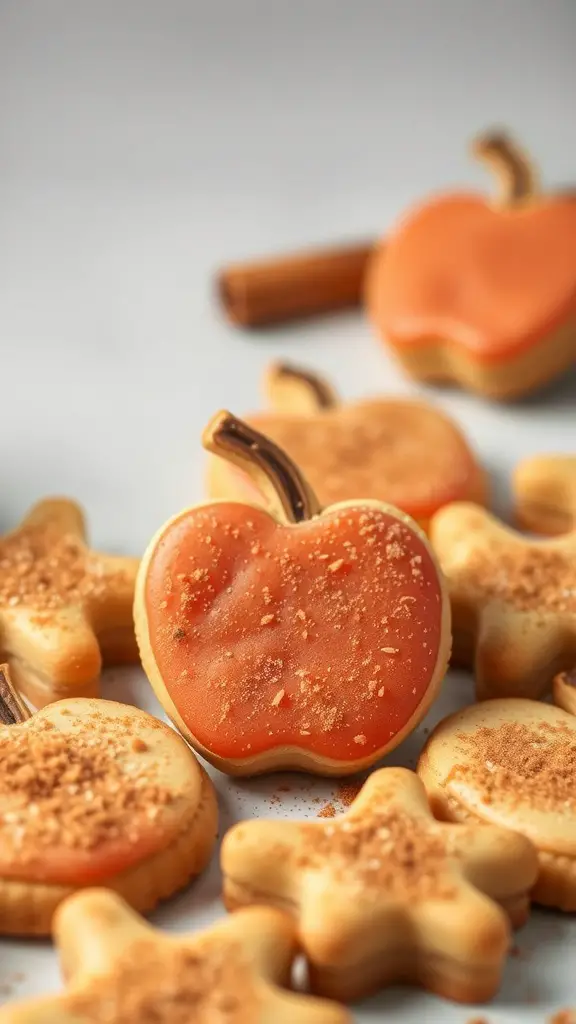 Decorated cinnamon apple sugar cookies in various shapes, including apples and stars, with a warm orange glaze and cinnamon sprinkle.