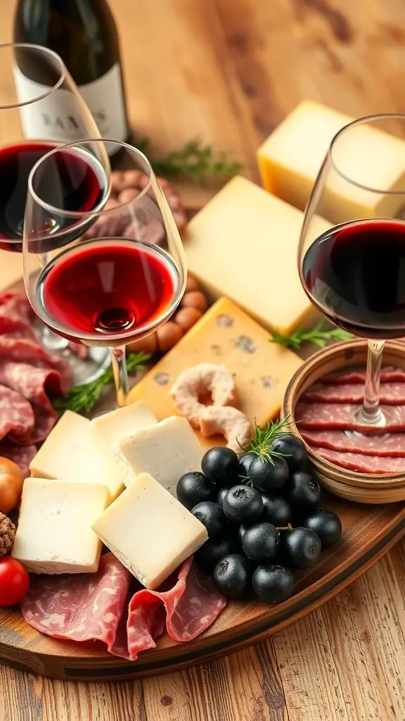 A beautifully arranged Christmas charcuterie board with wine glasses, cheeses, meats, and fruits.