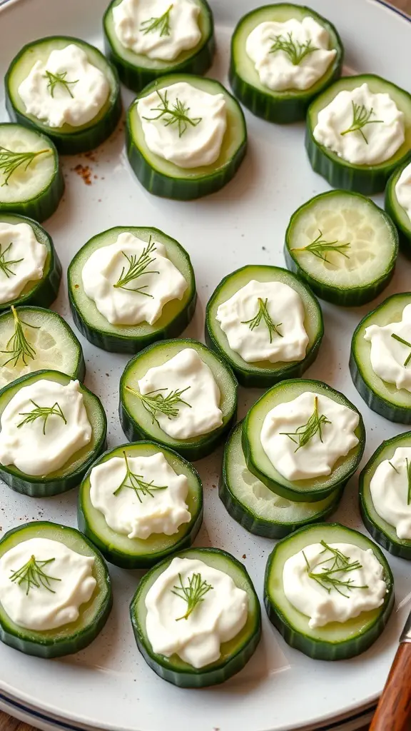 Cucumber rounds topped with cream cheese and dill on a plate