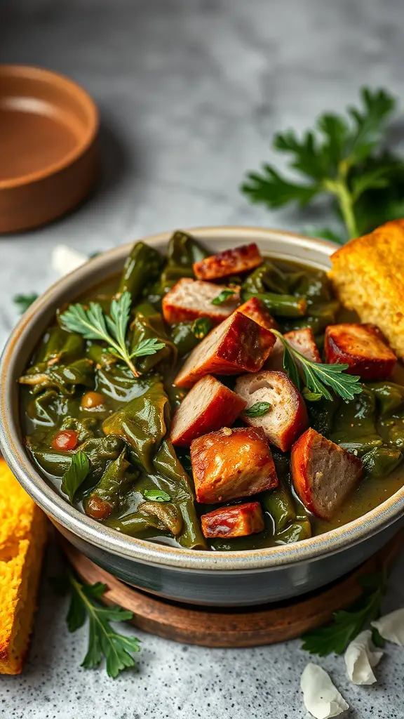 A bowl of collard greens with sausage and cornbread on the side.