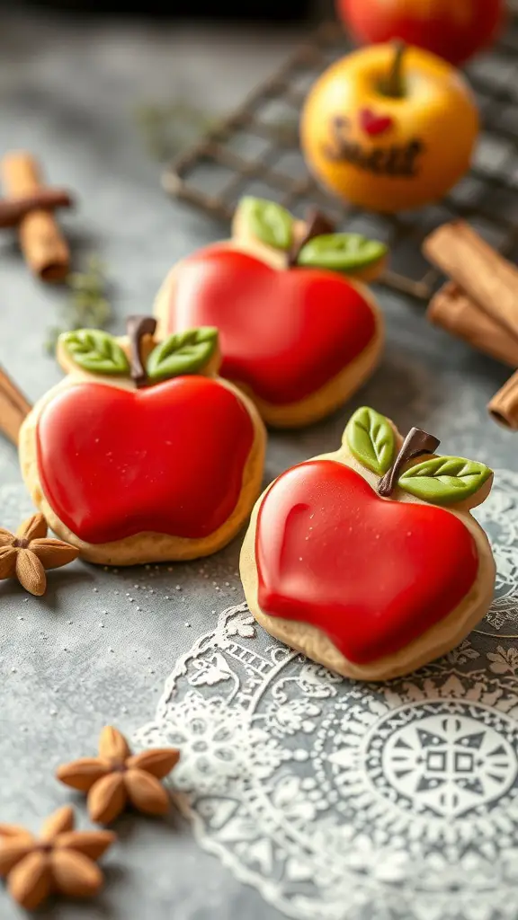Decorated apple-shaped cookies with red icing and green leaves on a lace doily