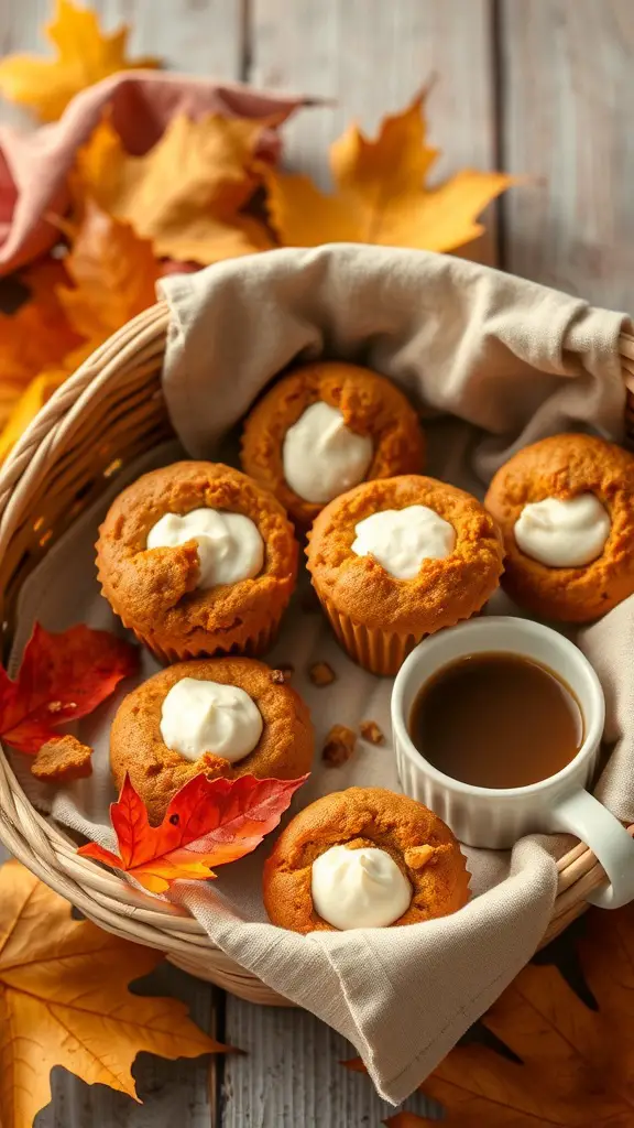 A basket of pumpkin muffins with cream cheese filling, surrounded by autumn leaves and a cup of coffee.