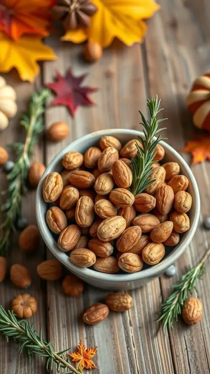 A bowl of spiced nuts with rosemary surrounded by autumn leaves and decorative elements.