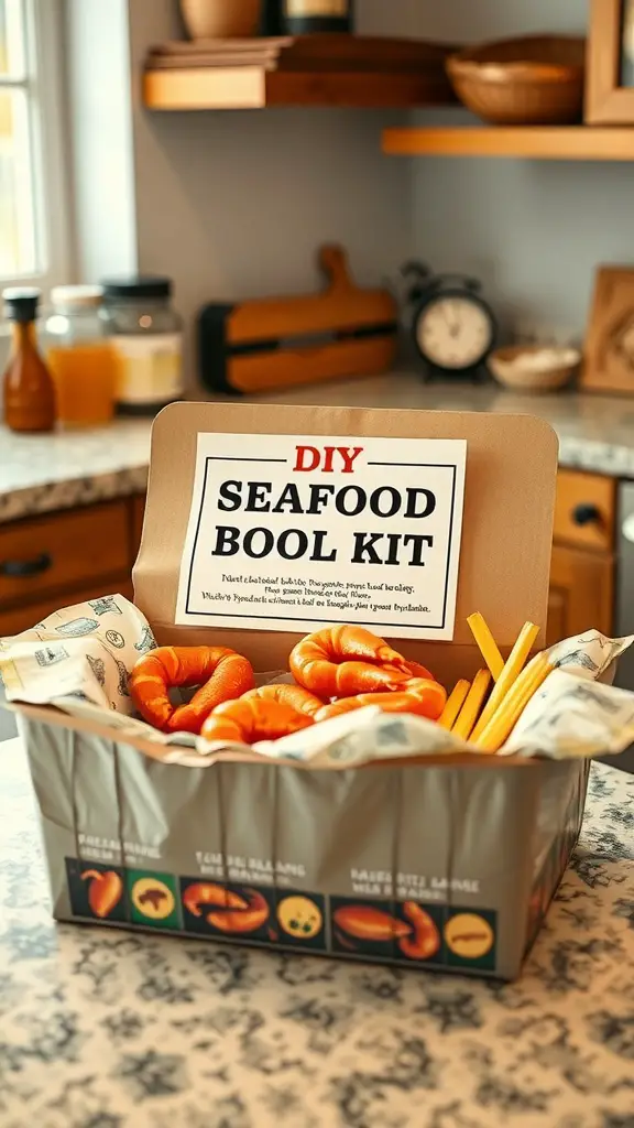 A DIY seafood boil kit displayed on a kitchen counter, featuring shrimp, sausage, and seasonings.