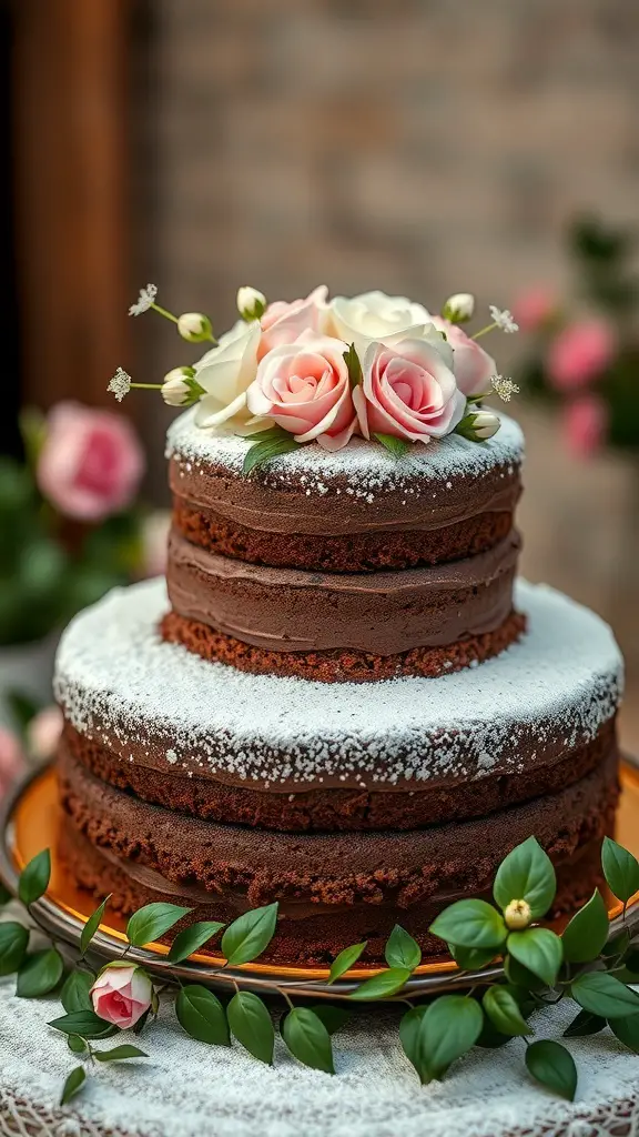 A beautiful three-layer chocolate wedding cake decorated with roses and powdered sugar.