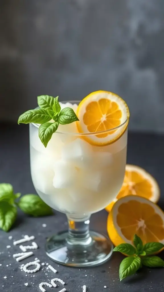 A glass of Lemon Basil Sorbet garnished with lemon slices and basil leaves