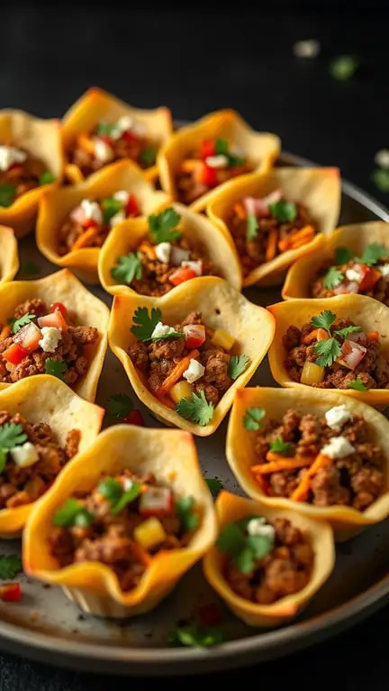 A platter of mini taco cups filled with seasoned meat, topped with cilantro and diced tomatoes.