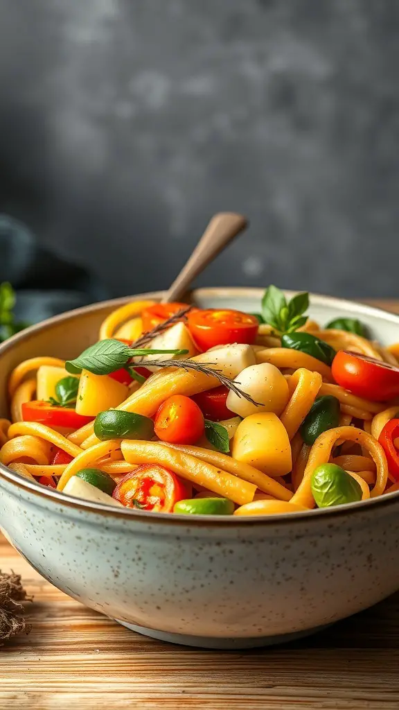 A bowl of Pasta Primavera with colorful seasonal vegetables.