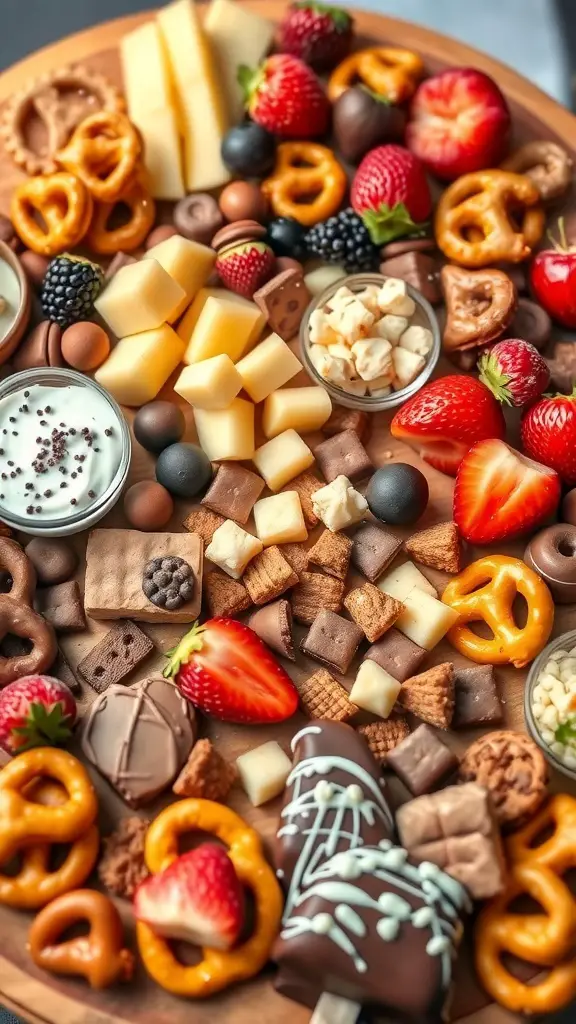 A dessert charcuterie board featuring chocolate-covered strawberries, pretzels, and various chocolates.