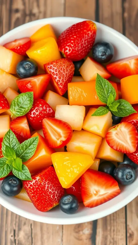 A bowl of colorful fruit salad with strawberries, blueberries, and melon, garnished with mint leaves.