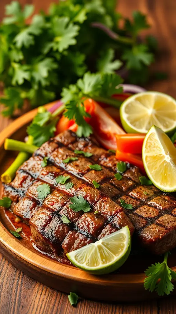 Grilled carne asada steak with lime and cilantro, served with colorful grilled vegetables.