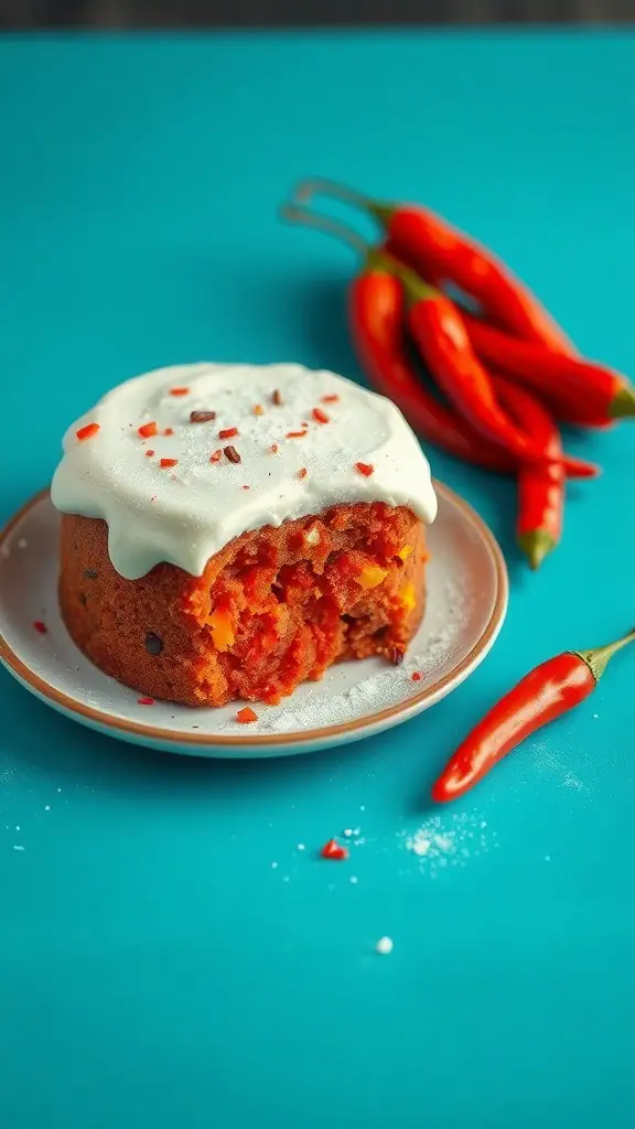 A red hot chili cake with white frosting, garnished with red chili flakes, and surrounded by fresh red chili peppers.