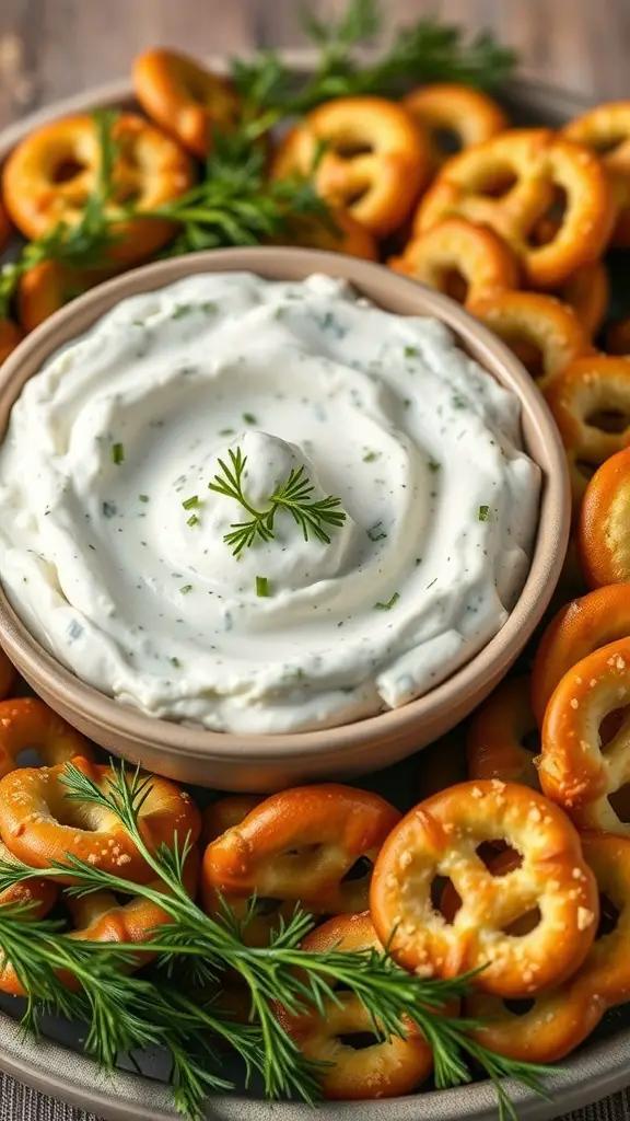 A bowl of creamy dill pickle dip surrounded by pretzels and fresh dill.