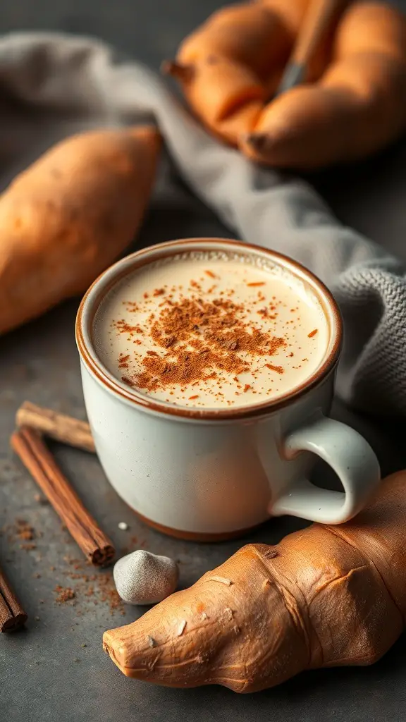 A cozy sweet potato latte topped with cinnamon, surrounded by fresh sweet potatoes and cinnamon sticks.