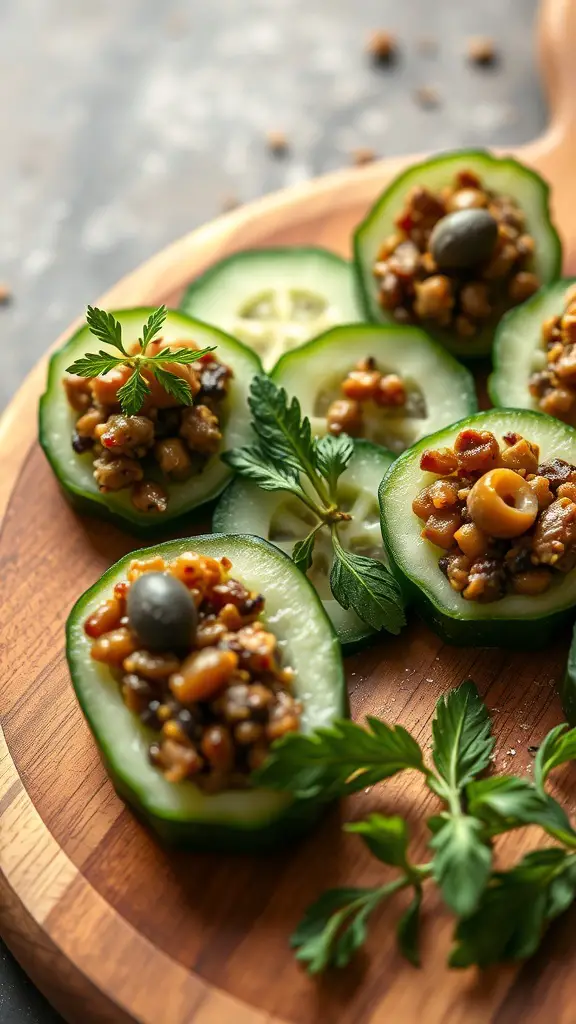 Cucumber slices topped with olive tapenade and garnished with herbs
