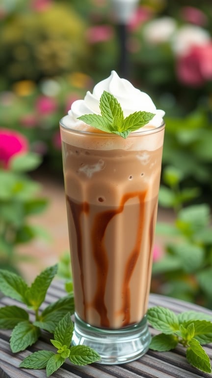 A tall glass of Chocolate Mint Iced Coffee topped with whipped cream and mint leaves, with chocolate syrup drizzled inside the glass.