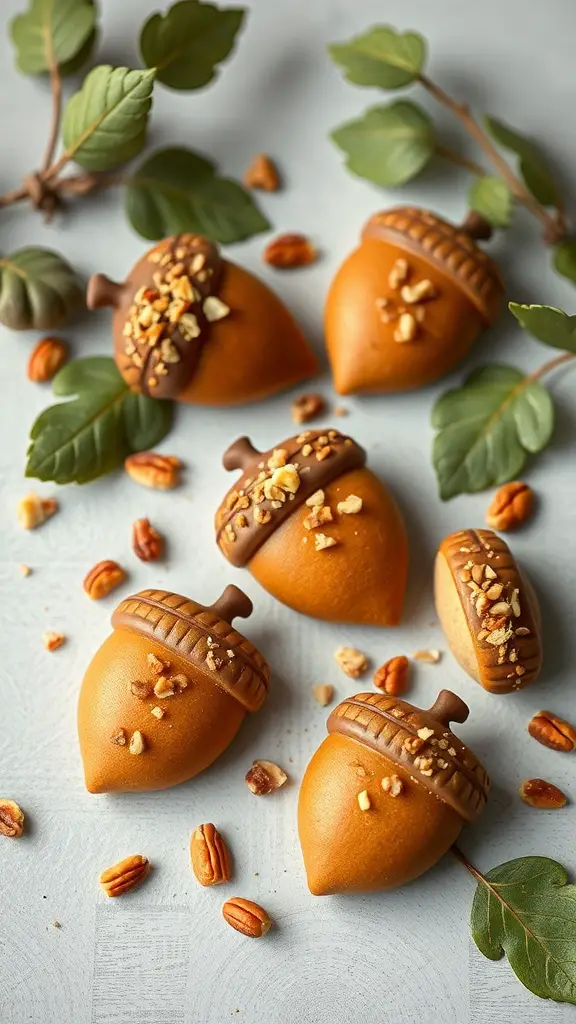 A collection of acorn-shaped cookies decorated with chocolate and chopped nuts, surrounded by leaves and pecans.