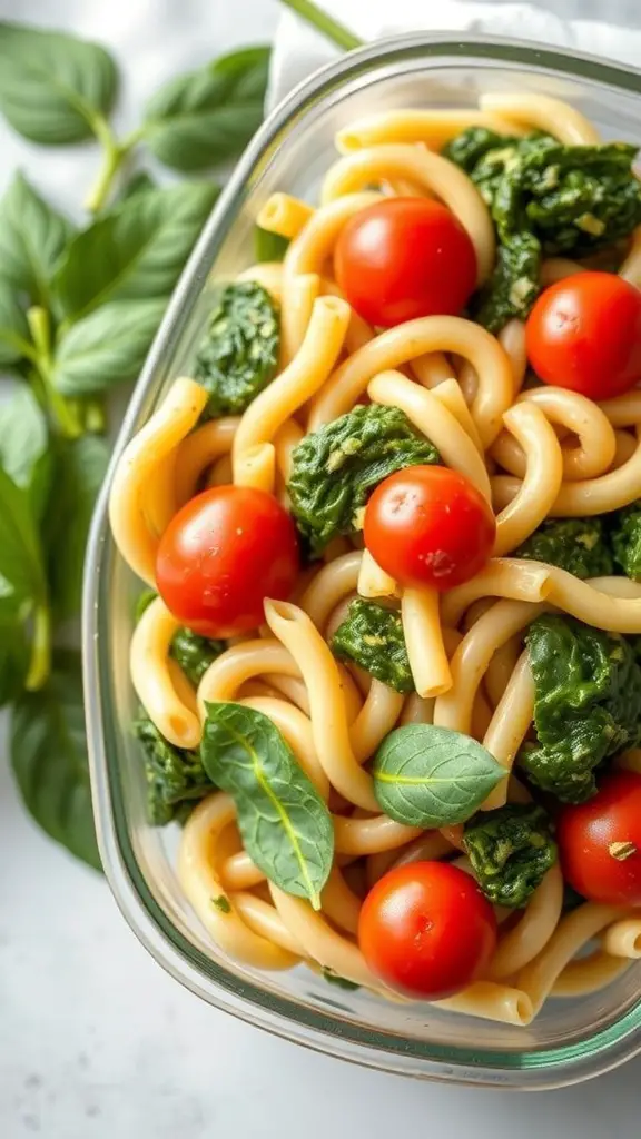 A delicious pasta salad with pesto, spinach, and cherry tomatoes in a glass container.